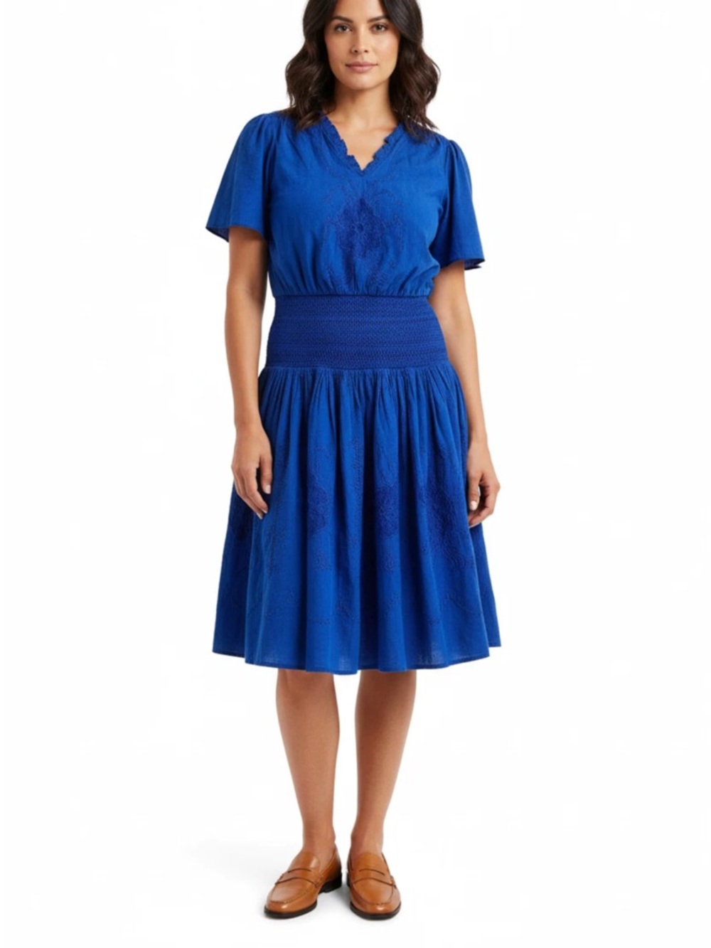 Lauren Ralph Lauren Cobalt Blue Smocked-Waist Midi Dress 💯 Cotton
